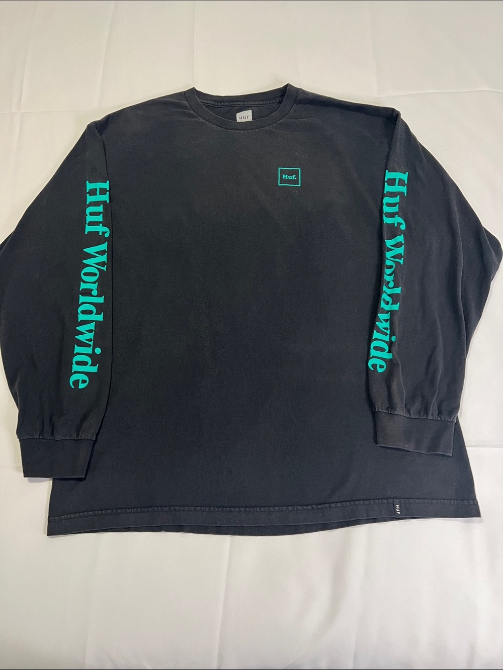HUF Black Long-Sleeve Tee with Teal Sleeve Graphics